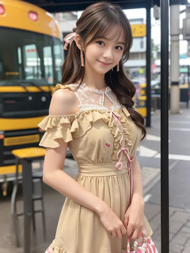 Japanese girl, 20 years old, smiling, mouth open, long brown hair, brown eyes, small breasts, yellow dress, full body, legs open