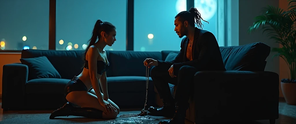A woman with long jet black hair, which is formed into two pigtails. She is face up on top of a handsome, muscular man, who is sitting on a chair, in a dark, empty room, está amarrado en una silla. She is wearing a very skimpy leather skirt and top. and he is wearing a black t-shirt and pants.
