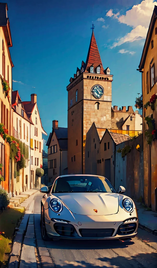 A Porsche in a European landscape, clear sky