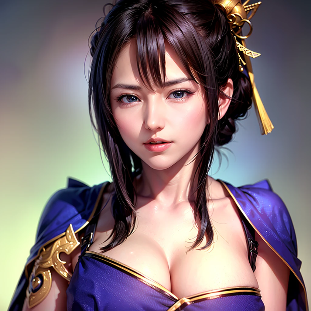 Close-up of a woman in armor and a purple cape, One person,wavy Ponytail,Large breasts and cleavage,Highly detailed face and skin texture,Looking into the camera,Perfect beauty: 1.4, fine grain,double eyelid, Whitening skin,Highest quality,Ultra-high resolution,Simple Background,Chinese Warrior