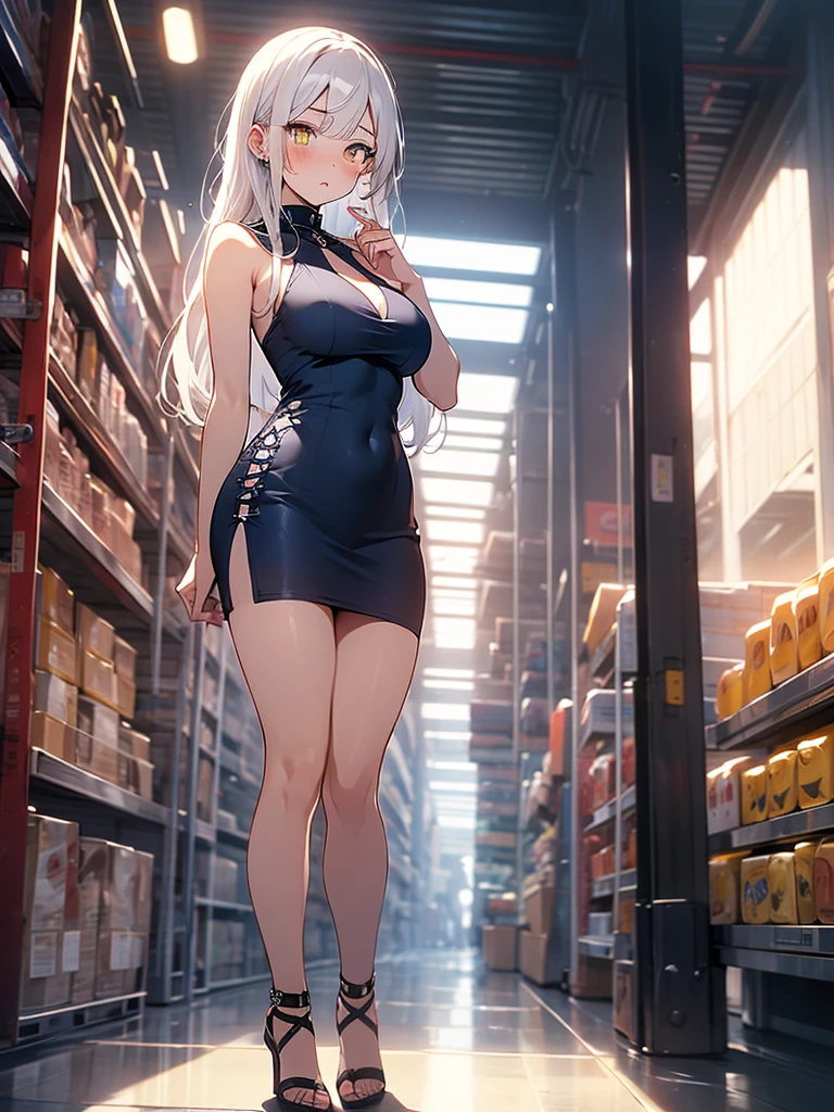 8K, Girl, solo, Full Body, Long hair, white hair, Yellow eyes, Sad mouth, blush, nervous, detailed face, Breasts, big Breasts, large Breasts, big Butt, Short dress, Tiny dress, Dark BLUE dress, tight dress, in a public walmart