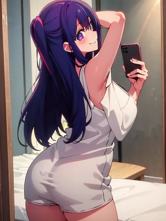 Squat、ass pov, komi shouko, hypnosis, standing, street at night, heart-shaped pupils, swept bangs, Completely naked, brainwashed, blush, looking at viewer, thigh gap, phone, heart, Eye symbol, purple hair, rating_questionable、takeda hiromitsu style