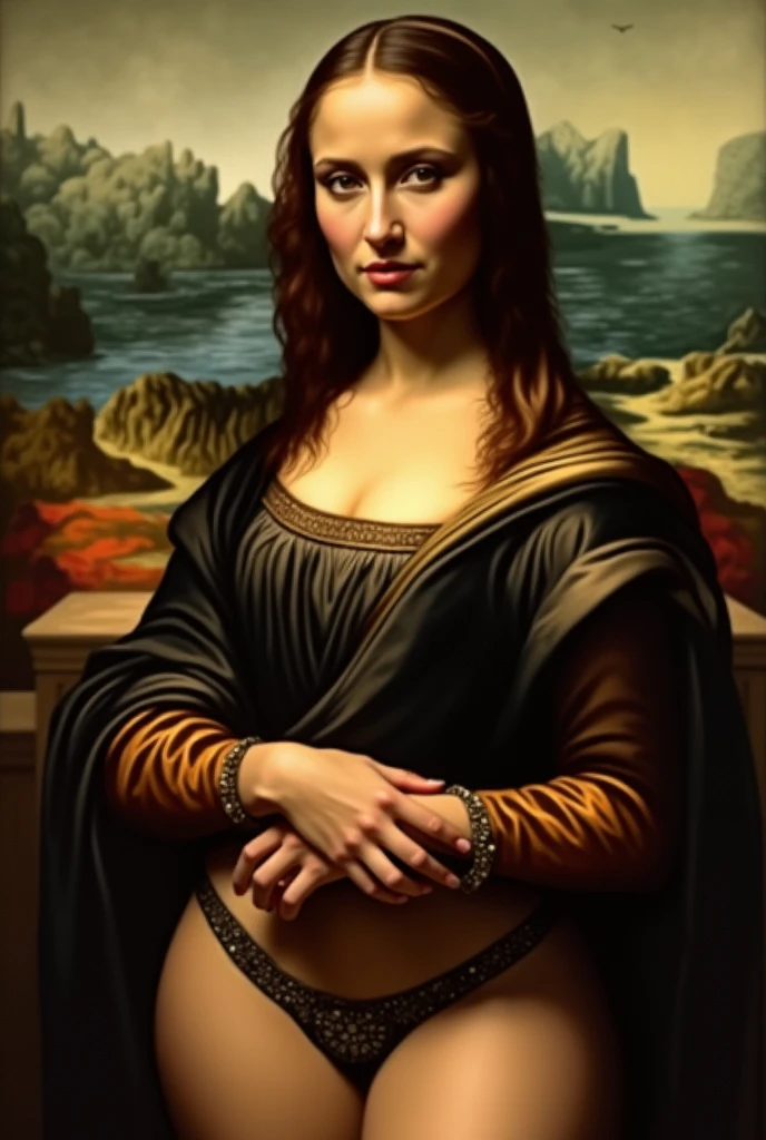 Mona Lisa comes out of her painting. We see her naked on a beach and her painting behind her.. With the face of Mona Lisa