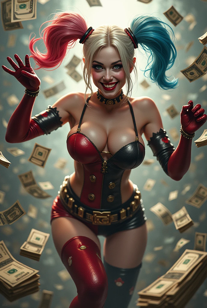 Close up of Harley Quinn in the street, cyber punk, 32k resolution, photo realistic, hyper detailed, best quality, natural looking