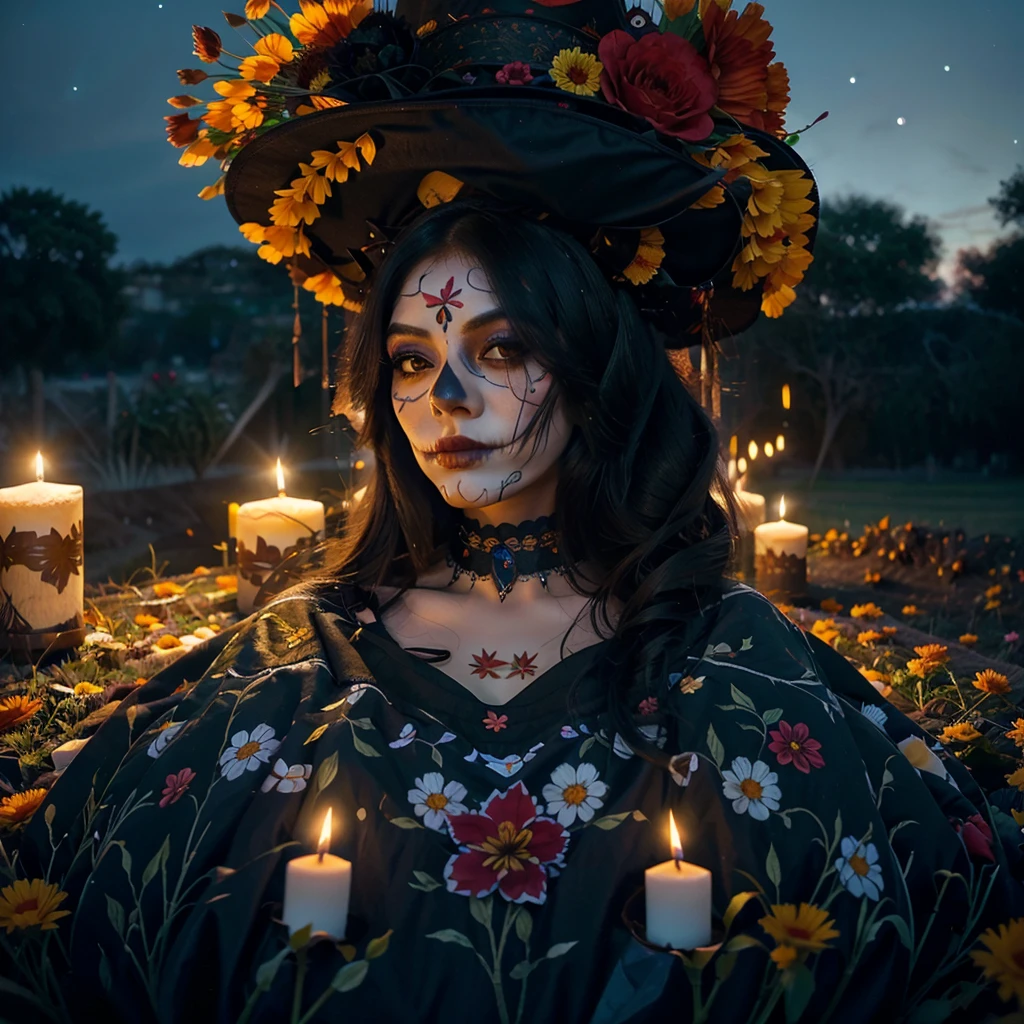 Mexican Catrina in a field of Damascena flowers with huge long black hair looking at the night sky with candles around her 