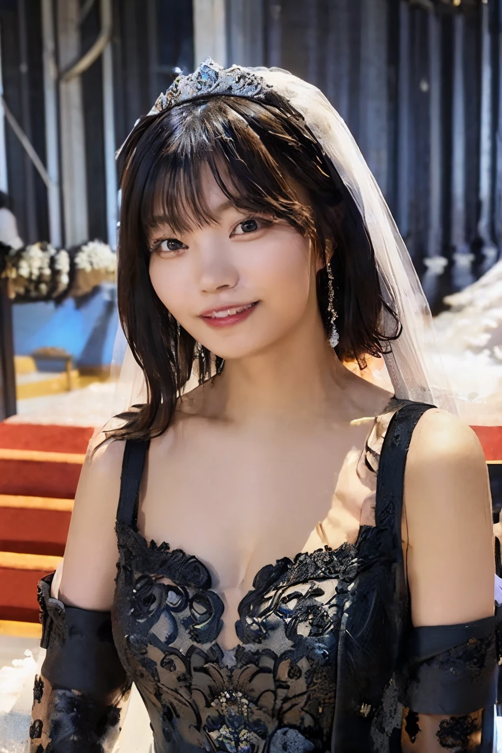 ((Highest quality、masterpiece、、Best image quality、Ultra-high resolution、Award-winning works)、(black wedding dress:1.5)、(Accurate anatomy:1.1)、Tiara、(smile:1.1)、Ultra-high resolution for bright and fair skin、The most detailed face、Ultra-high resolution detailed face、Ultra-high resolution hair、Ultra-high resolution eyes、Beautiful face drawn in every detail、(church:1.5)、beautiful japanese idol face、((upper body:1.6))、Beautiful breasts, solo, snapshot