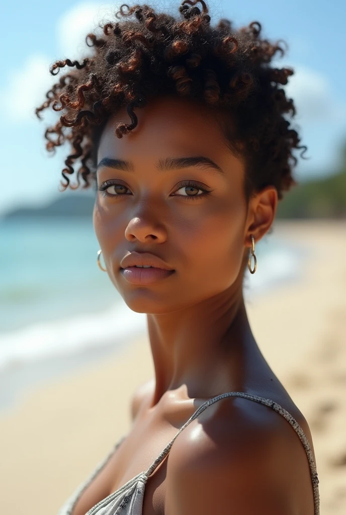 Here’s the modified description with the new setting:

"photograph of a woman, (perturbed facial expression), textured skin, goosebumps, Afro hair, wearing a red bikini, sunny beach setting, vibrant ocean waves in the background, perfect eyes, (natural sunlight, soft shadows), 160-color support, filmed on ARRI ALEXA 65, Bokeh, sharp focus on the subject, shot by Don McCullin, featuring a model with African descent, but with the features of Angelina Jolie."

beauty, model, elegance, glamour, fashion, stunning, radiant, chic, graceful, confident, striking, flawless, alluring, photogenic, sophisticated, enchanting, captivating, charismatic, runway, editorial, beauty standards, artistic, style, aesthetic, personality, portrait, beauty photography, professional model, fashionista, trendsetter
