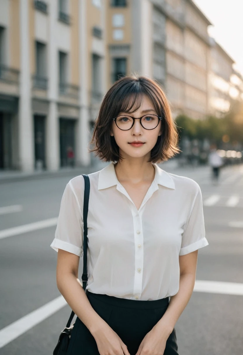 Photo of a beautiful woman standing on a street corner, (masterpiece:1.2, highest quality), (Realistic, photoRealistic:1.4), Beautiful illustrations, (Natural Side Lighting, Cinema Lighting), Written boundary depth, Beautiful thighs staring at the viewer, (((Face Focus, Upper Body))), 1 female, 30-year-old, alone, thin, slender, small breasts!!!, short hair, bob cut, curly hair, different hairstyles, thin, slender, (((glasses))), casual clothes, white collared silk shirt and black skirt, Half Smile, Are standing, Milan on a clear day with park in the foreground, portrait