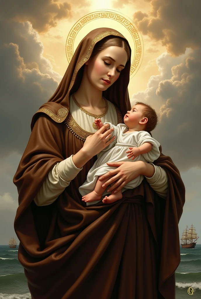 Virgin of Carmen with the child, with a white cape and brown tunic, the Virgin of Carmen, with white tunic the child, realist, with lots of gold accessories, beautiful, The Virgin of Carmen with a crown, the Virgin of Carmen has an angelic face, the virgin of Carmen standing, that the entire body of the Virgin of Carmen be shown, that the Virgin of Carmen be shown from head to toe