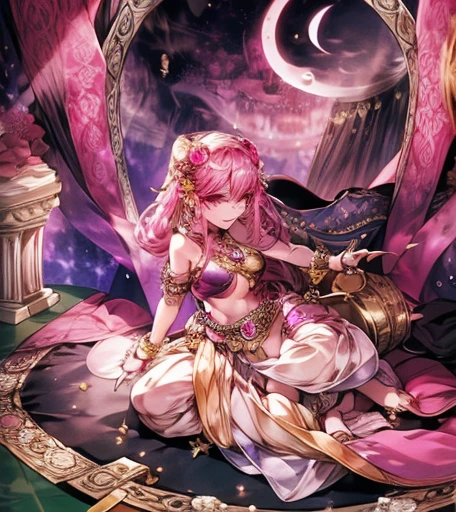 A smug narcissistic pink haired genie woman wearing a golden bra and golden puffy harem pants and lots of jewelry flaunting herself