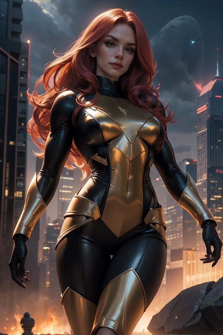 (best quality,4k,8k,highres,masterpiece:1.2),ultra-detailed,(realistic,photorealistic,photo-realistic:1.37),sexy overpowered cosmic superheroine, stellar powers,cosmic energy,cityscape background,spectacular flying pose,vibrant colors A gorgeous female, supermodel, fire red hair, long nails, smirk, long nails, long legs, full body view, jean grey outfit