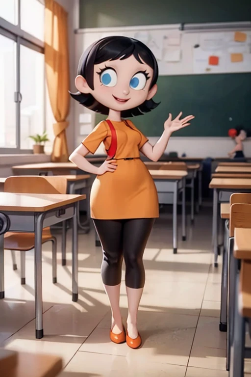 Mrs. Keane,short black hair, blue eyes,short sleeves, leggings marrons, orange dress, red vest, red shoes, looking at the viewer, smiling, full body photo, Standing, inside the classroom, high quality, work of art, 