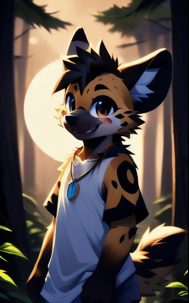 ([by Dacad, by Zackary911, By braeburned, by ruedeath, by jinxit]), Cartoon art style, (Hyena, male, (necklace with hexagon-shaped pendant), black eyes, yellow teeth, smile, blush), typical cartoon character, (standing, looking at viewer, smile, happy, half body), BREAK, (forest background), (detailed background, depth of field, shadow, moonlight, Nightlight, night), three quarter view masterpiece, best quality, 4k, 2k, (high detail, shaded:1.25), absurd res,