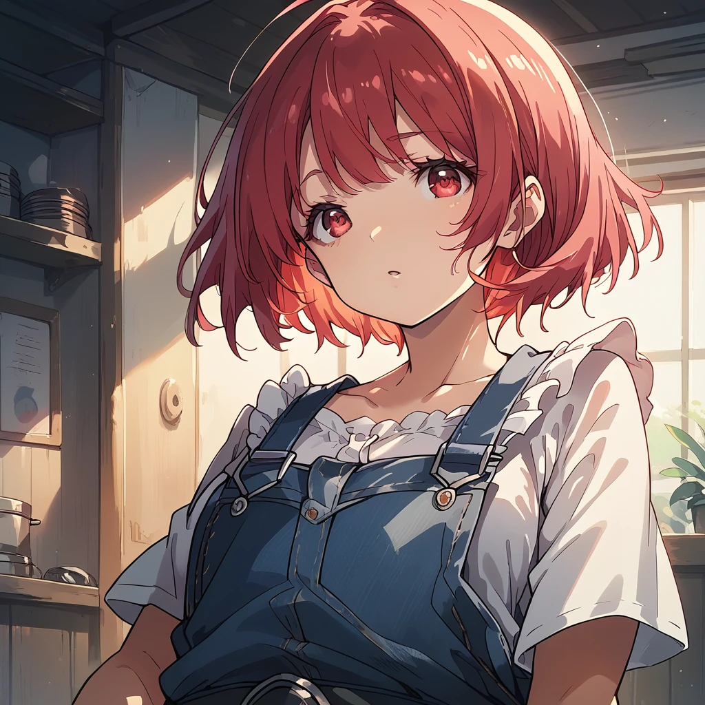 1female,ysk, milf, red hair, short hair, red eyes:1.6, Overalls, Ruffled white shirt, belt, break Perfect lighting, (perfect hand, perfect anatomy), Precise depiction、Vibrant colors