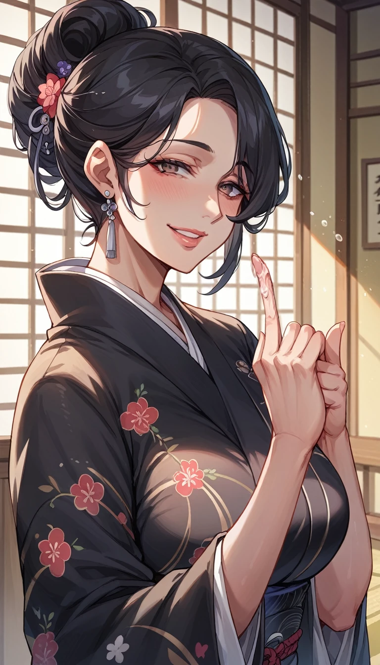 (Index finger job:1.5)、Black kimono with Japanese patterns、(Mature Woman:1.4)、Poison Woman、50 years old、A seductive smile、Black Hair、Updo、Married women、Japanese-style room、View here、Massive ejaculation:1.8