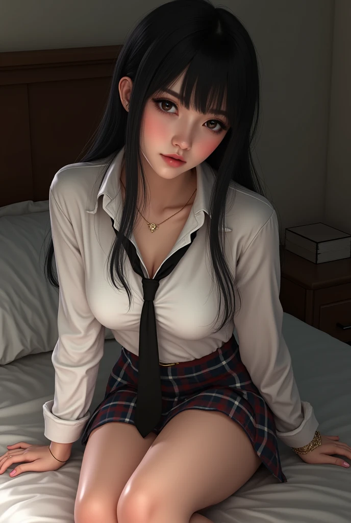 Hot brunette which is just getting ready in bed by moonlight. She has a short skirt on and spreads her legs because she lies so much more comfortable (8k) (Photorealistic)