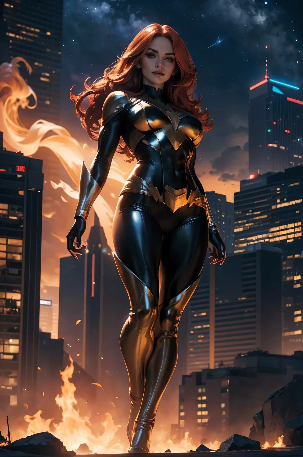 (best quality,4k,8k,highres,masterpiece:1.2),ultra-detailed,(realistic,photorealistic,photo-realistic:1.37),sexy overpowered cosmic superheroine, stellar powers,cosmic energy,cityscape background,spectacular flying pose,vibrant colors A gorgeous female, supermodel, fire red hair, long nails, smirk, long nails, long legs, full body view, jean grey outfit