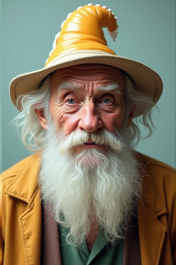 I want a man with a blue cap with a blue jacket with galaxy written on the sleeve with a white beard with black glasses