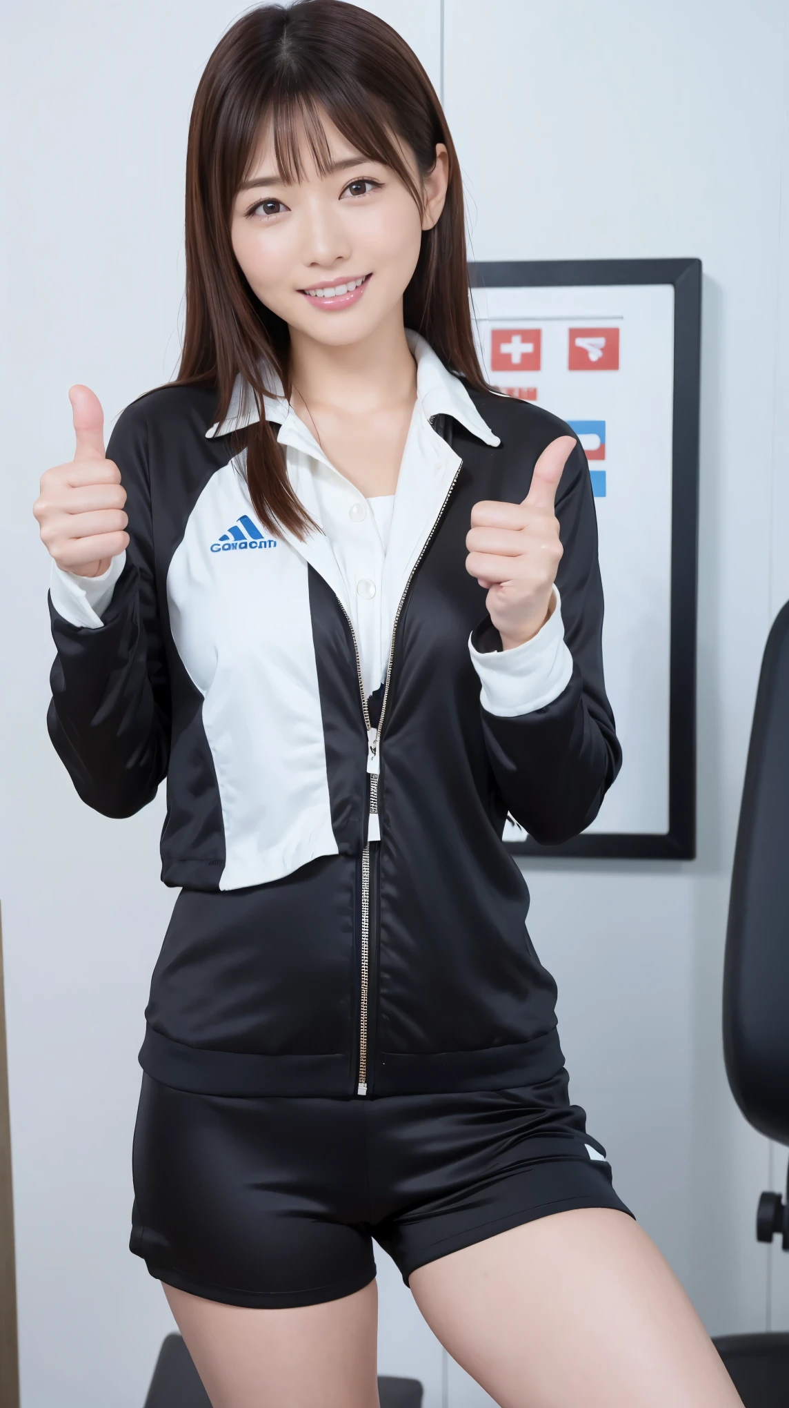 Super shiny enamel gym uniform　Brown hair with bangs　Korean Idols　Mature Woman　Thumbs up　A very happy smile