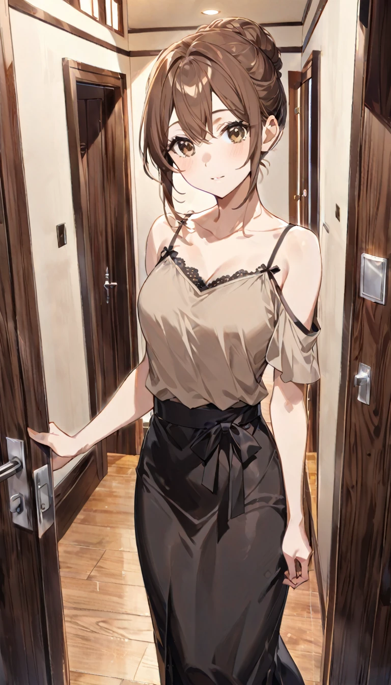 (appearance:Brown Hair＿Shoulder-length hair＿Low bun hair、Hair with movement＿Light brown eyes＿Thin outline＿Brown camisole dress＿Black long skirt＿Normal chest＿A kind-looking woman)she、entranceで挨拶している、（background：Home＿entrance）