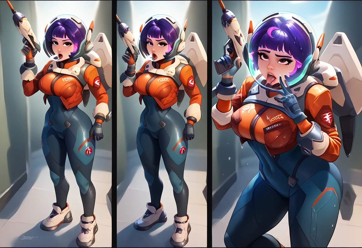 Character design style, Juno (Overwatch), different views,big breast,,jn0,1girl,purple hair,short hair,space helmet,spacesuit,jetpack,gloves,shoes,energy gun, wet, sexy, suggestive, bedroom eyes, fellatio gesture , before and after, cumshot , ahegao 