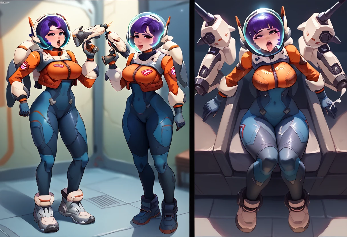 Character design style, Juno (Overwatch), different views,big breast,,jn0,1girl,purple hair,short hair,space helmet,spacesuit,jetpack,gloves,shoes,energy gun, wet, sexy, suggestive, bedroom eyes, fellatio gesture , before and after, cumshot , ahegao 