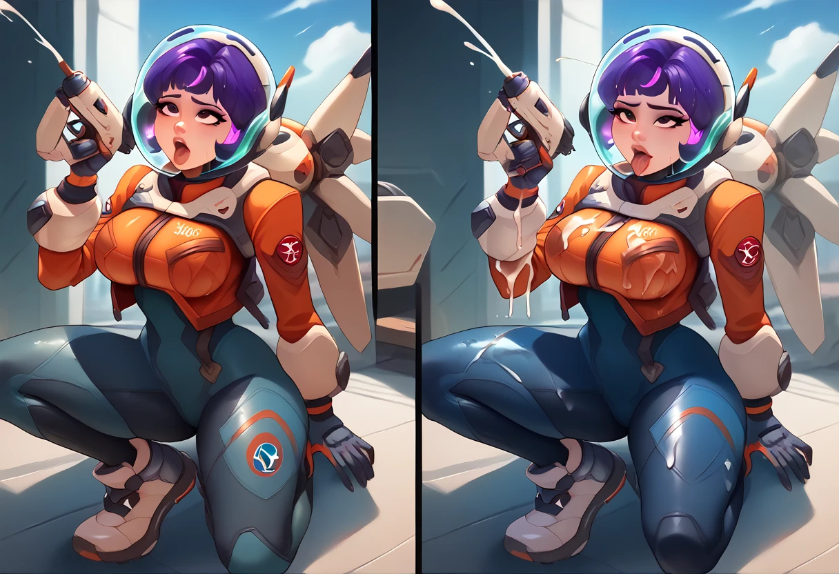 Character design style, Juno (Overwatch), different views,big breast,,jn0,1girl,purple hair,short hair,space helmet,spacesuit,jetpack,gloves,shoes,energy gun, wet, sexy, suggestive, bedroom eyes, fellatio gesture , before and after, cumshot , ahegao 