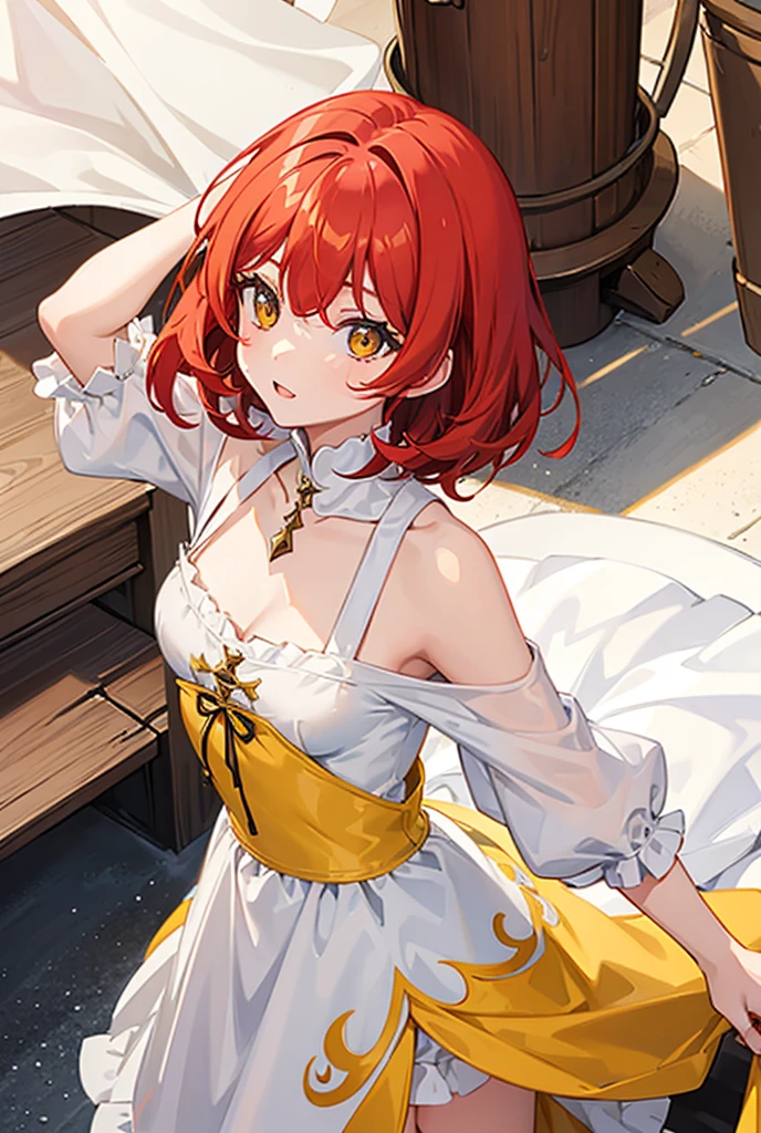 score_9, score_8_up, score_7_up, high resolution, 1girl, beautiful face, detailed pupils, glasgow smile, red hair, curtain bangs, blue eyes, large breasts, yellow clothes, outdoors, floating particles, <lora:noco_(adamas)_PonyXL_style_v01:1>