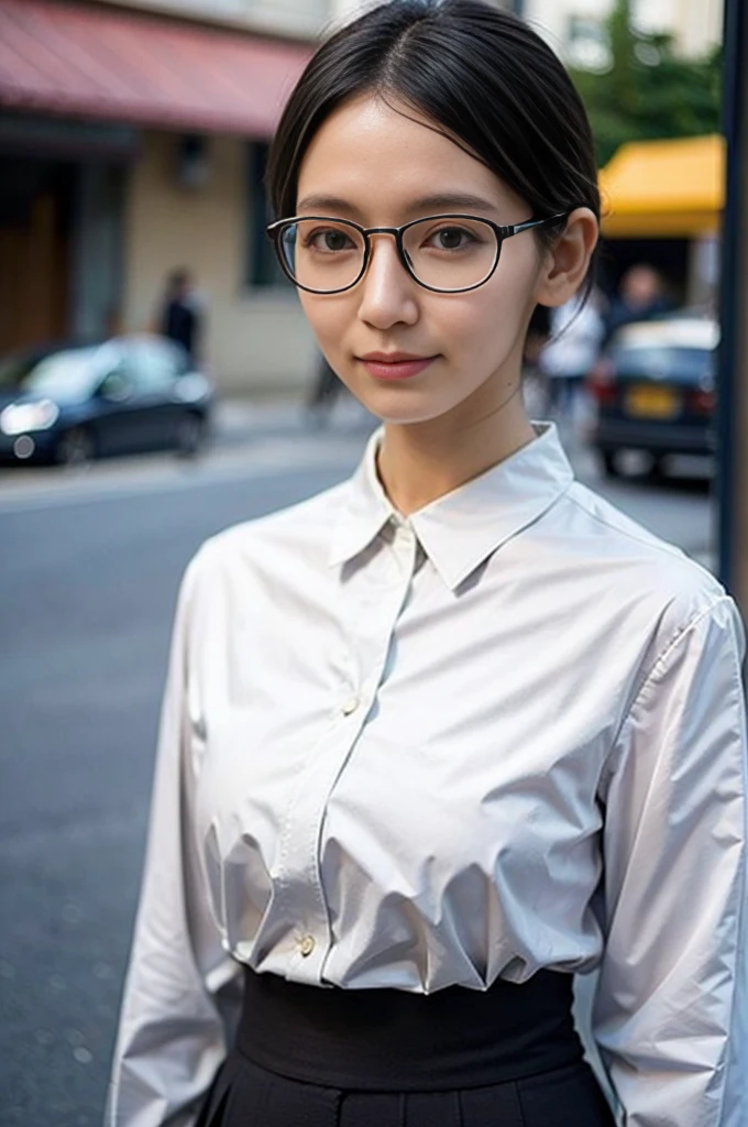 Photo of a beautiful woman standing on a street corner, (masterpiece:1.2, highest quality), (Realistic, photoRealistic:1.4), Beautiful illustrations, (Natural Side Lighting, Cinema Lighting), Written boundary depth, Beautiful thighs staring at the viewer, (((Face Focus, Upper Body))), 1 female, 30-year-old, alone, thin, slender, small breasts!!!, Loose curly hair, Bedhead, Forehead, thin, slender, (((glasses))), sweater, Skinny skirt, Are standing, New York 25th Street, portrait