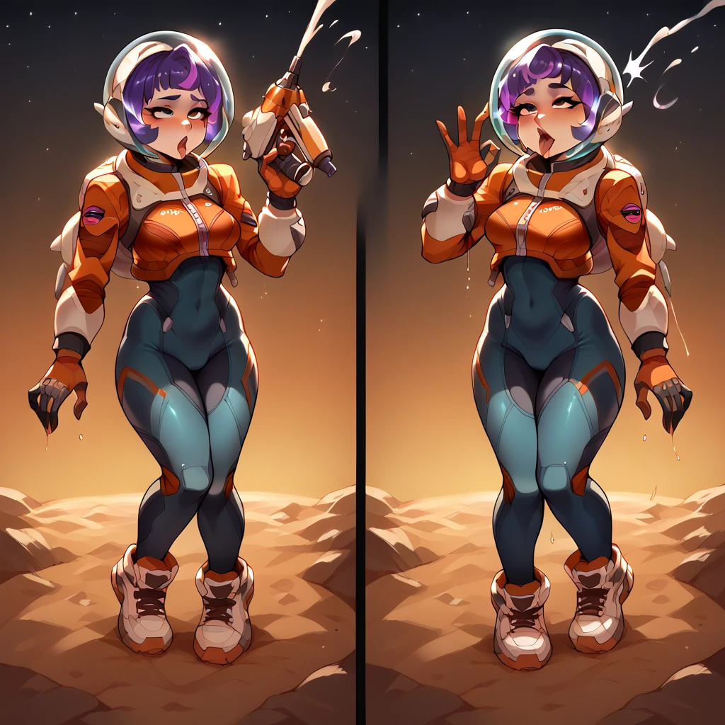 Character design style, Juno (Overwatch), two different views,,jn0,1girl,purple hair,short hair,space helmet,spacesuit,jetpack,gloves,shoes,energy gun, wet, sexy, suggestive, bedroom eyes, fellatio gesture , before and after, cumshot , ahegao 