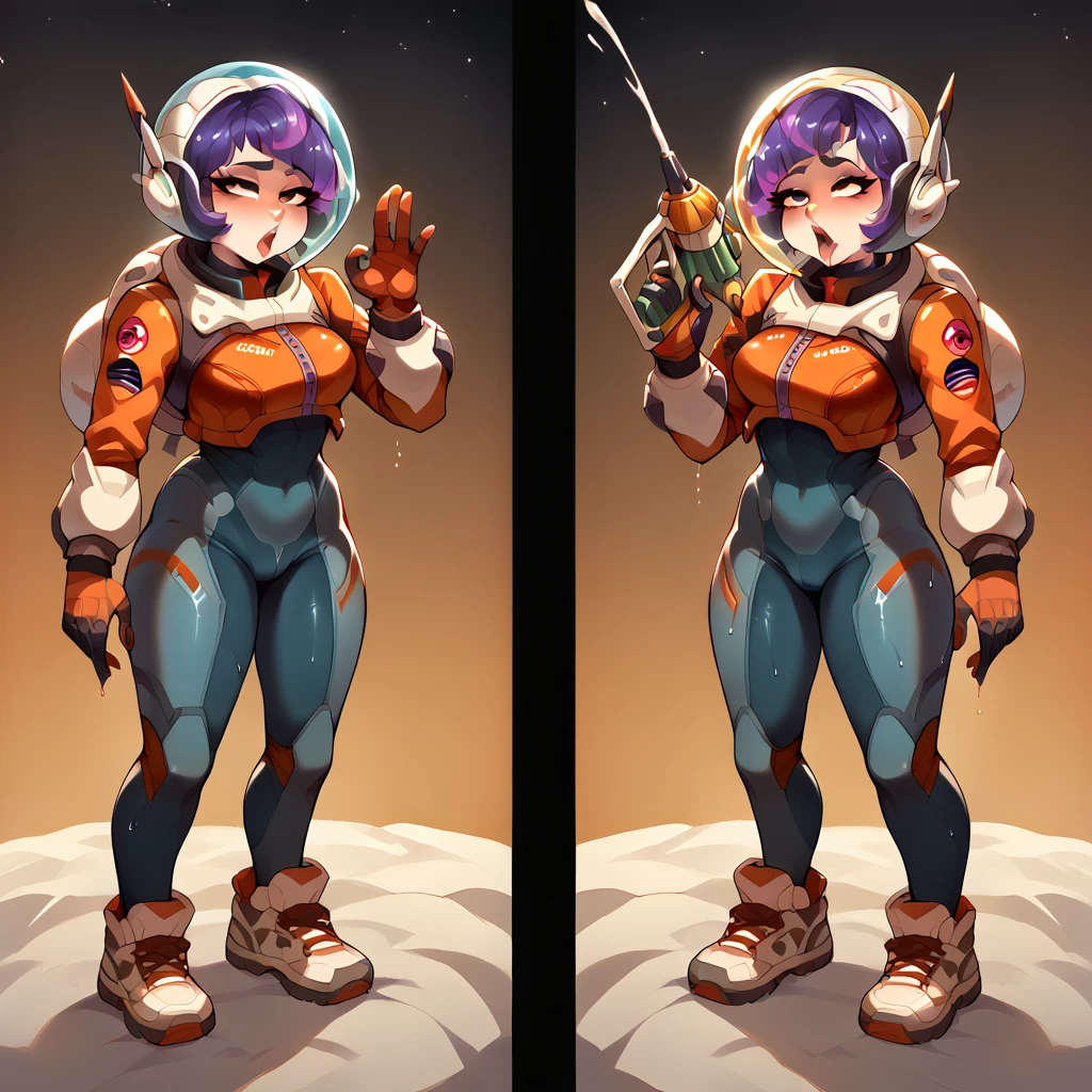 Character design style, Juno (Overwatch), two different views,,jn0,1girl,purple hair,short hair,space helmet,spacesuit,jetpack,gloves,shoes,energy gun, wet, sexy, suggestive, bedroom eyes, fellatio gesture , before and after, cumshot , ahegao 