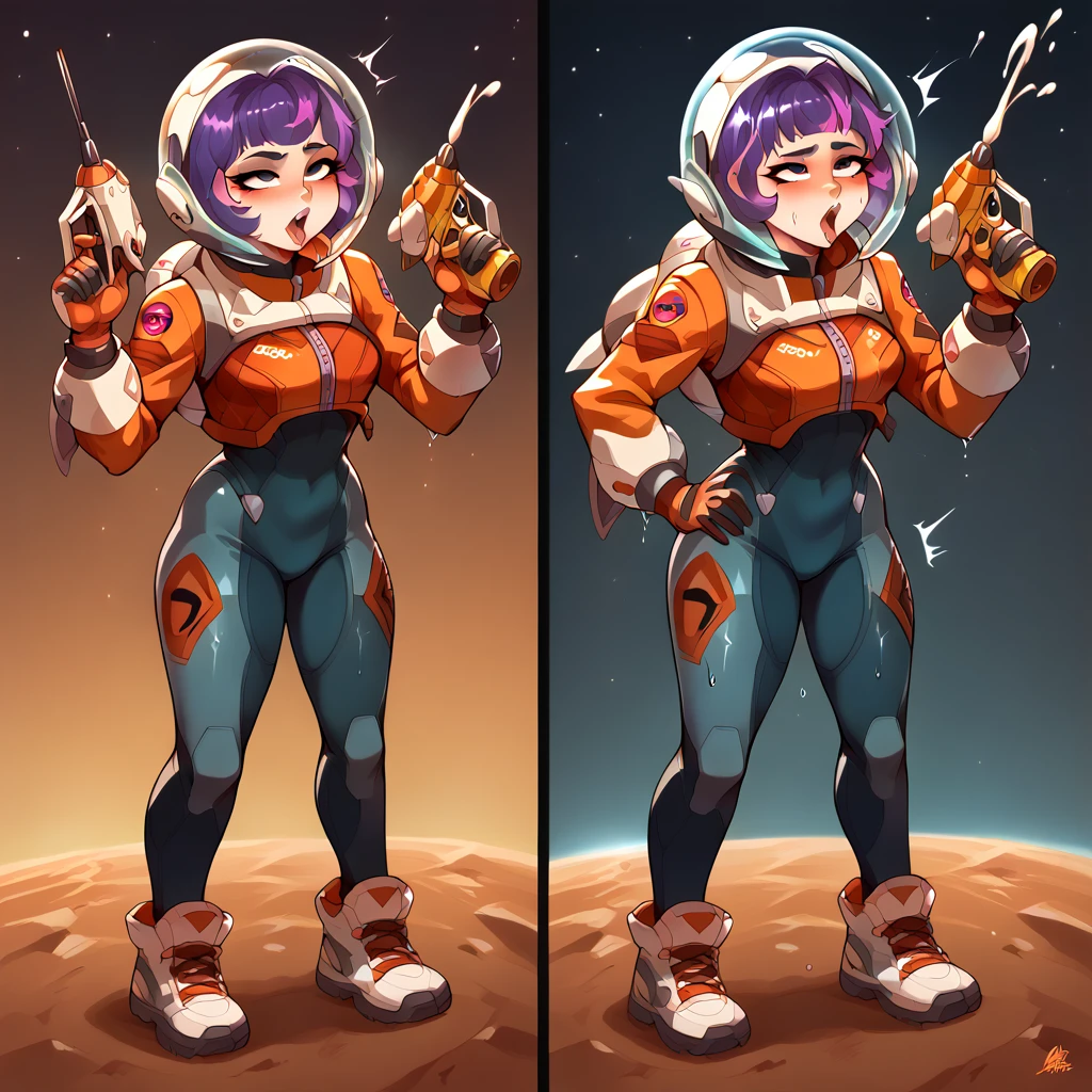 Character design style, Juno (Overwatch), two different views,,jn0,1girl,purple hair,short hair,space helmet,spacesuit,jetpack,gloves,shoes,energy gun, wet, sexy, suggestive, bedroom eyes, fellatio gesture , before and after, cumshot , ahegao 