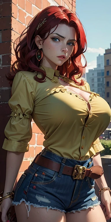 (masterpiece, best quality: 1.4), looking disgusted, cowboy shot, frown, repulcion, malty melromarc, red hair, wide, green eyes, fitted shirt, big breasts, hair ornament, red gem earrings, jewelry, fitted transparent shirt, blue shorts, sleeves, Golden belt, in the city, big breasts, huge breasts, giant breasts.
