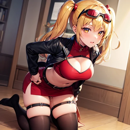 Burnice_ZZZ, blonde hair, orange eyes, two side up, short twintails, hair ornament, eyewear on head, sunglasses, goggles, crop top, tube top, black jacket, black thighhighs, cropped jacket, red shirt, cleavage cutout, long sleeves, belt, black skirt, red wrist cuffs, red thigh strap, fingerless gloves, miniskirt, midriff, turtleneck, cum, sex, oral sex, kneeling, oral, blowjob 