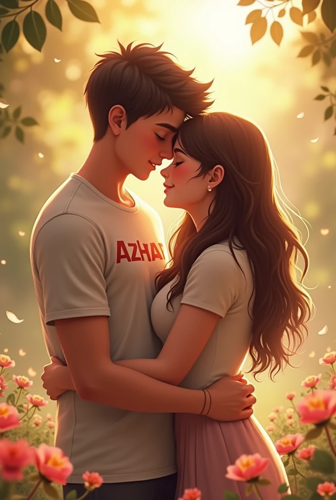A boy named "Rohit" Is sitting with his girlfriend named " Swastika". Generate a couple picture with their names. Print " Rohit" on boy shirt and print " Swastika" On girl dress. Both are kissing each other and both are doing sex