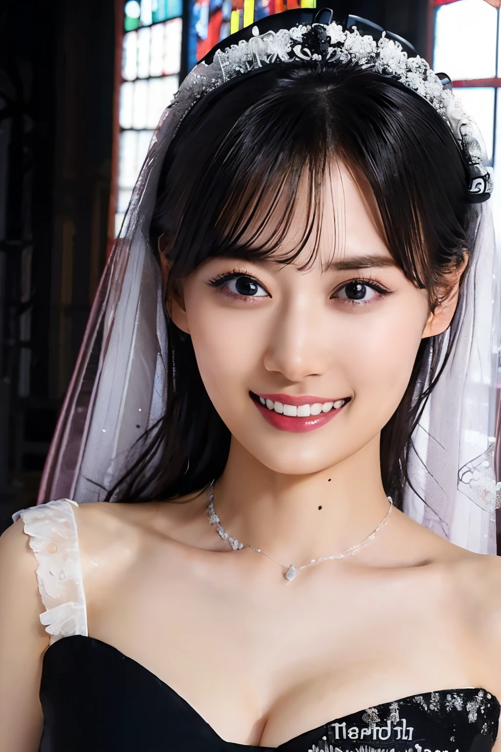 8k, ((Highest quality))、masterpiece、、Best image quality、Ultra-high resolution、Award-winning works、(black wedding dress:1.5)、(Accurate anatomy:1.1)、Tiara、(smile:1.1)、Ultra-high resolution for bright and fair skin、The most detailed face、Ultra-high resolution detailed face、Ultra-high resolution hair、Ultra-high resolution eyes、Beautiful face drawn in every detail、(church:1.5)、beautiful japanese idol face、((upper body:1.6))、Beautiful breasts, solo,