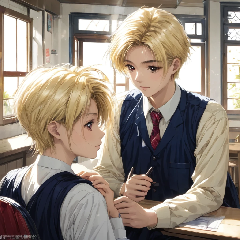 1 blonde hair、、Kissing a man with a short haircut、Health Room、School、evening