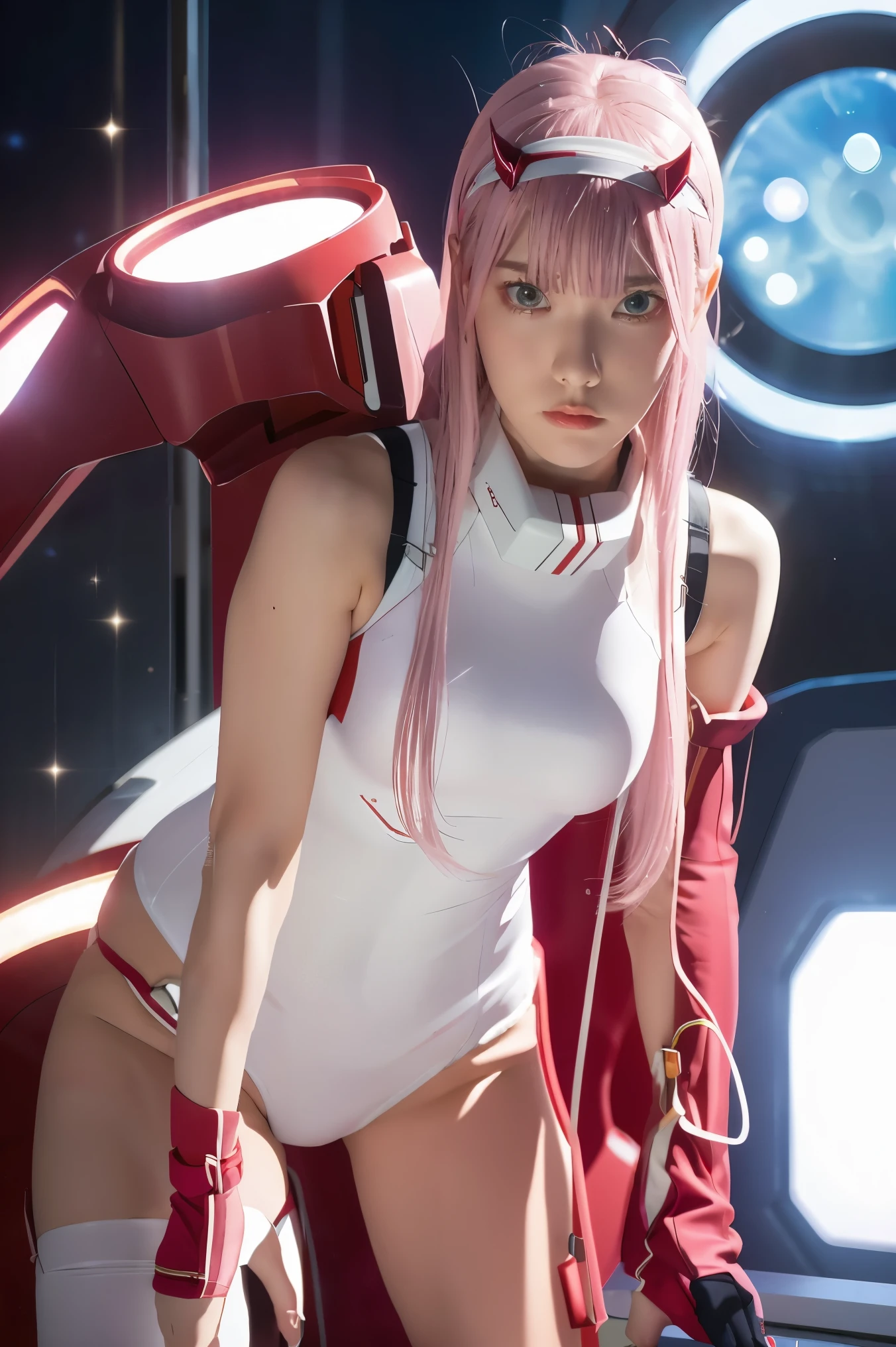 dynamic angle,ultra-detailed, illustration, straight on, 1girl, ((Zero two, interface headband with a pair of horns, red bodysuit:1.4, pink hair)), Her eyes shone like dreamy stars,(glowing eyes:1.233),(beautiful and detailed eyes:1.1),(expressionless, closed mouth),(standing), (mechanic room with tools and spaceship window in a white SPACESHIP), (night:1.2), dreamy, dynamic pose,