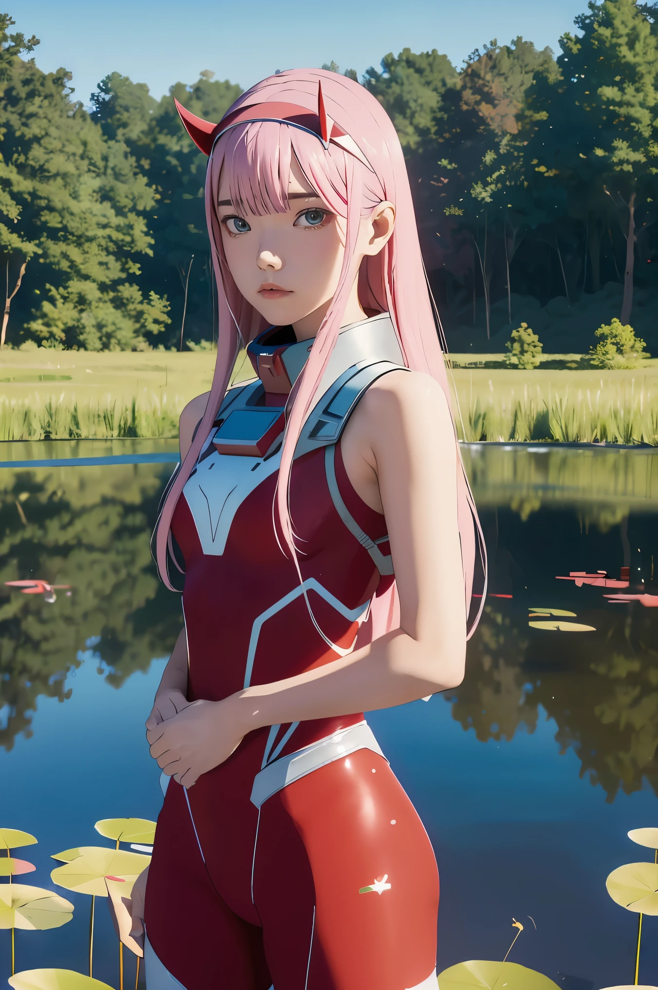 masterpiece, best quality, high res, bbzero2, long hair, horns, hairband, red bodysuit, standing, spacecraft, blue sky, cowboy shot. forest, standing in a pond,, pink hair,