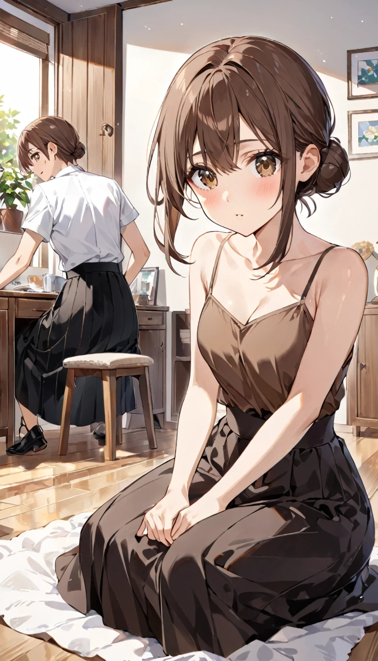 (appearance:Brown Hair＿Shoulder-length hair＿Low bun hair、Hair with movement＿Light brown eyes＿Thin outline＿Brown camisole dress＿Black long skirt＿Normal chest＿A kind-looking woman)she、Sitting on the floor with his back to the camera、（background：Inside the house＿room）、One Woman、There is a lot of white space