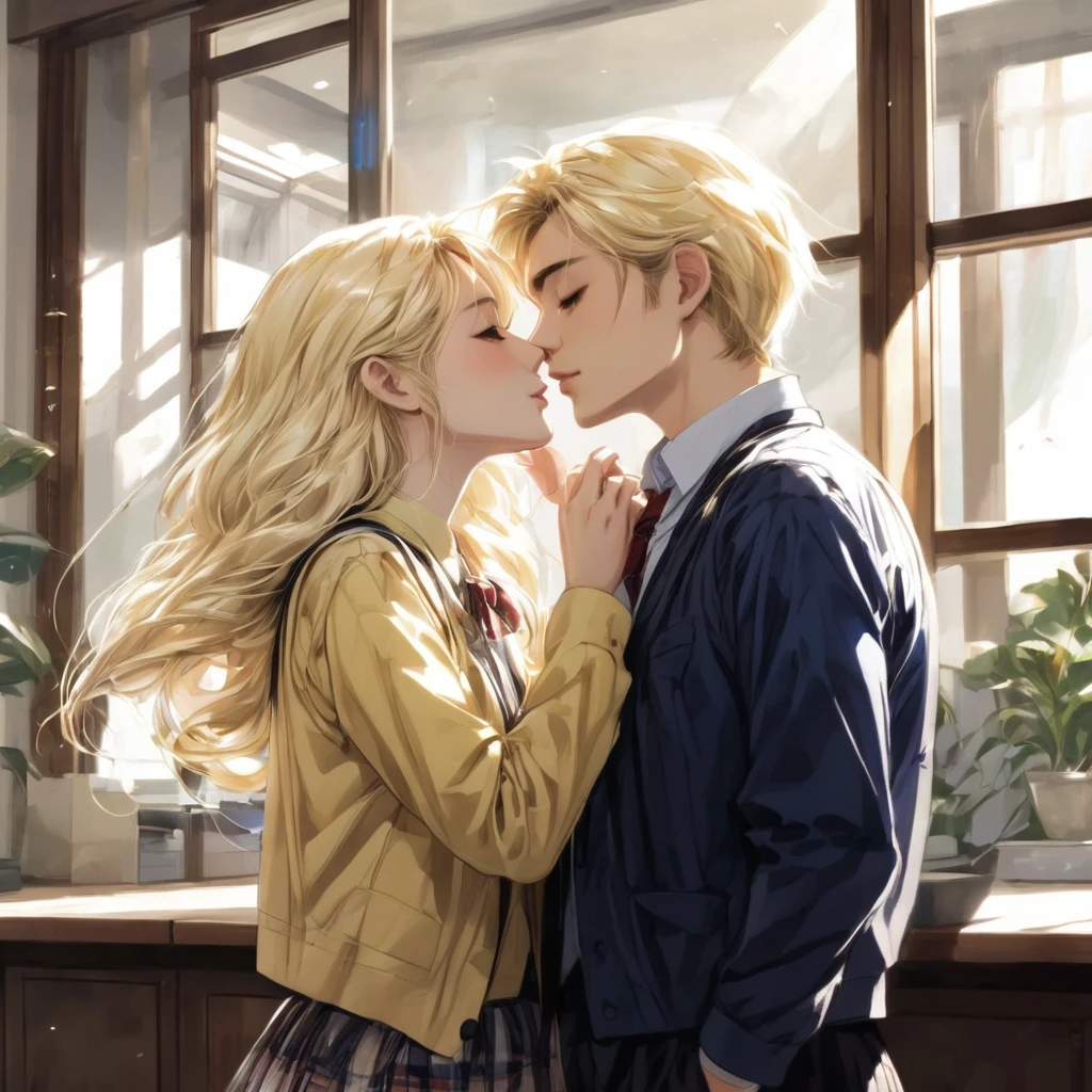 1 blonde long wavy hair、、Kissing a man with short black hair、Hugs、Health Room、School、evening