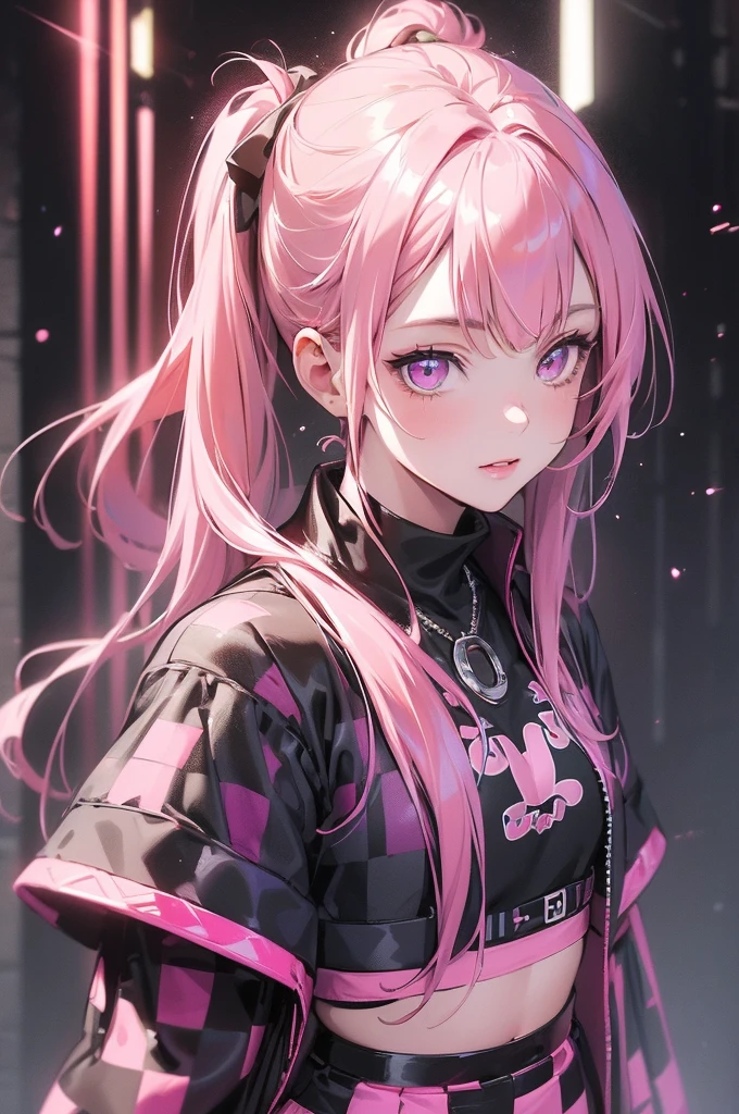 ((The best quality)), ((masterpiece)), (detailed), (4k), (8K), 1girl, beautiful anime girl, glowing face and skin, rostro detailed, aesthetic hands, light pink lipstick, light purple eyes, (long pink hair and bangs: 1,5), (half ponytail hairstyle), pink cat ears. Rebel Eyeliner, provocative look, Pink eyes. smiling. (((Pink and black checkered print crop top 1,5))), (((Short skirt with pink and black checkered print))), (((black jacket below the shoulders))), black thigh high stockings, silver necklace, perfect proportions, in a futuristic room, standing, posing, night, cyberpunk background, (neon lights). view from above. Blurred shadows. (highly detailed textures), ((highly detailed beautiful face)).