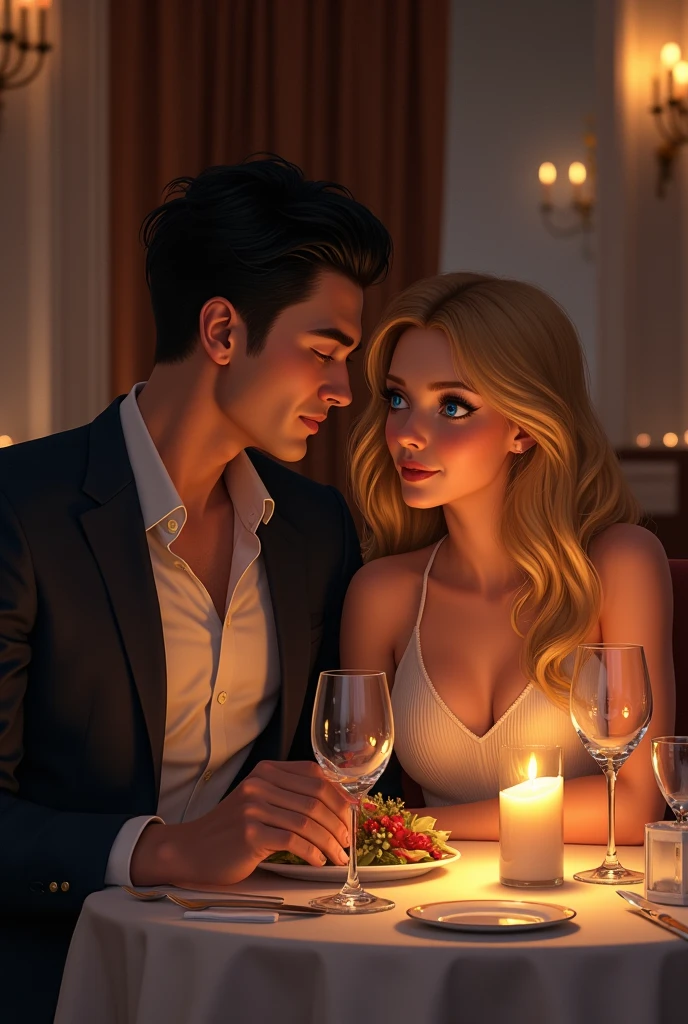 portrait of a beautiful couple having a romantic dinner, wine cellar full of food, torches on the wall, schnapps, romantic, inviting, cozy, blonde woman, painting Vladimir Volegov, 8k uhd, octane render, 4k, HDR, dynamic lighting