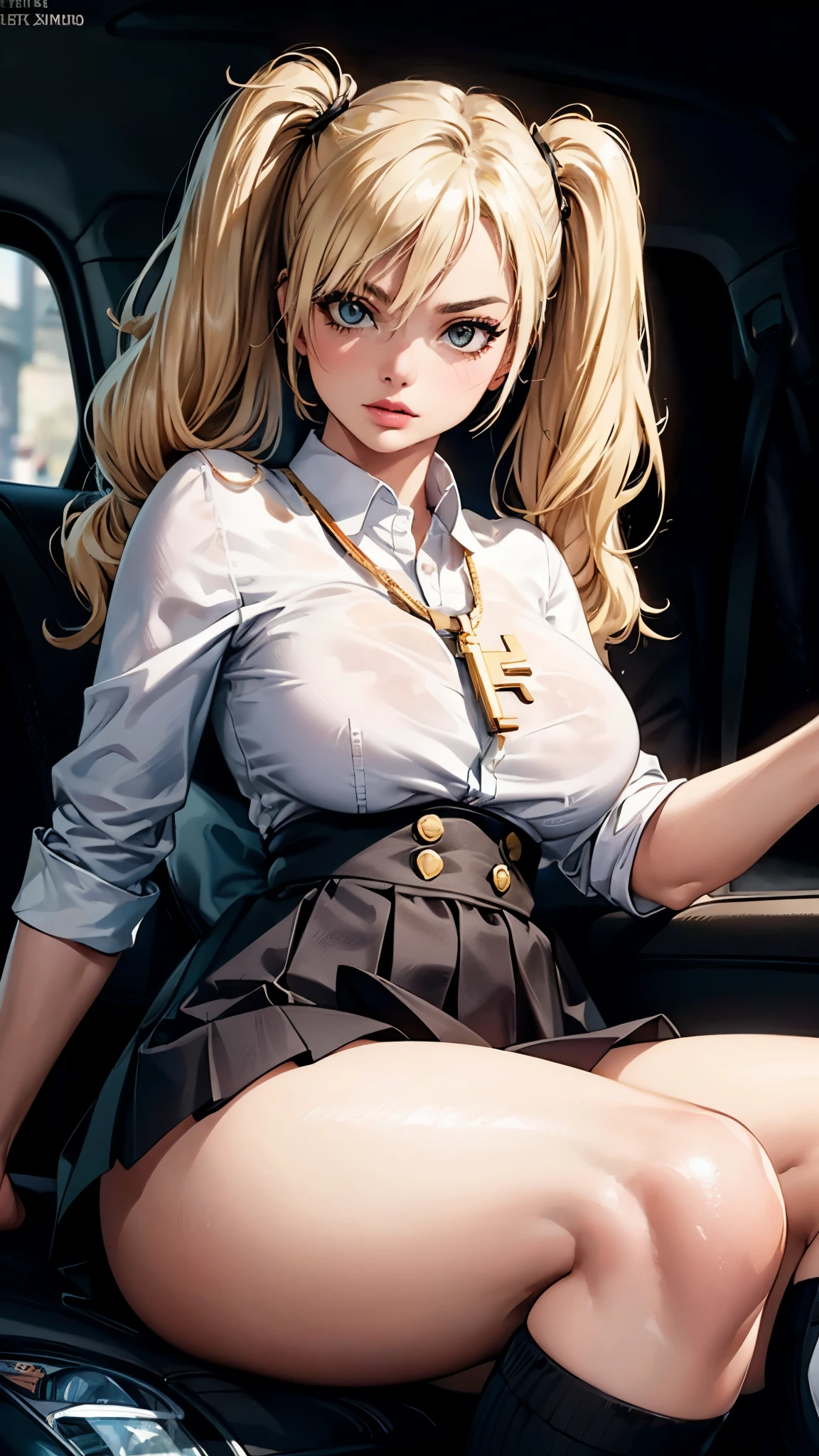 photo of Margot Robbie, (((twin tails))), (((shirt, skirt, nylon socks, black socks))), (((big breasts))), ((hourglass figure)), ((light blonde hair)), photorealistic, masterpiece, realistic, realism, photorealism, high contrast, photorealistic, 8k HD high definition detailed realistic, detailed, skin texture, hyper detailed, realistic skin texture, best quality, (photorealistic:1.4), high resolution, detailed, raw photo, photo realistic, (high detailed skin:1.2), 8k uhd, dslr, soft lighting, high quality, film grain, Fujifilm XT3), hyper realistic lifelike texture dramatic lighting unreal engine, even, neutral light, key light, bold, bright colours, (((inside car))), brat, comfy, sexy, (((sit, thighs))), Hawaii 