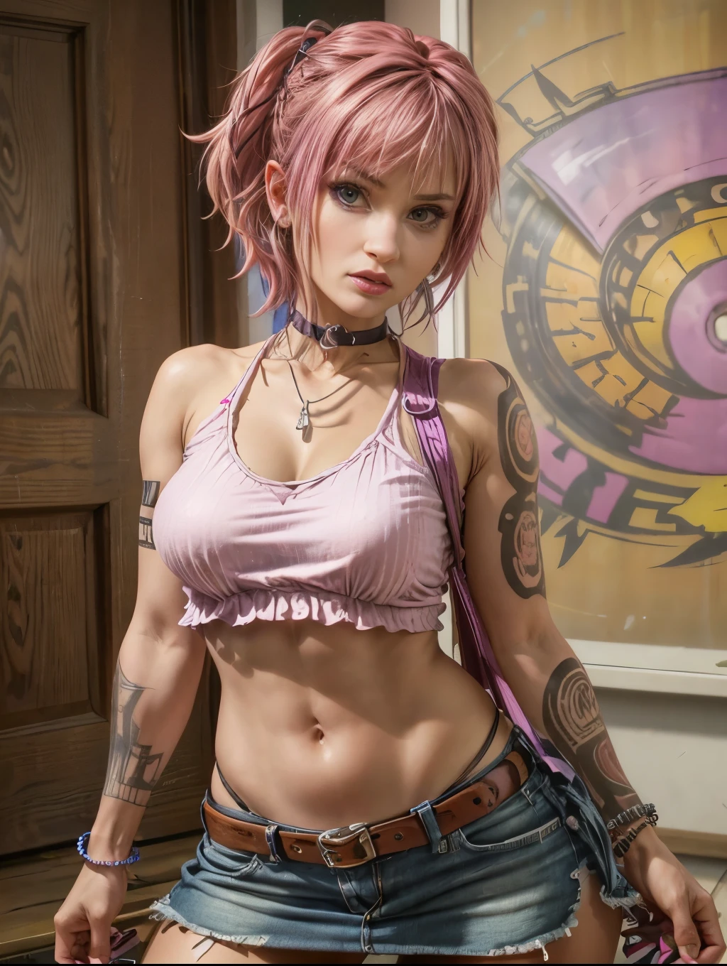 Best quality, photorealistic, 8k, masterpiece, A woman with a tattoo on her arm and a bag on her shoulder, tattoo sleeve on her right arm and neck, tattoos and piercings, beautiful female punk,pink and purple hair, choker, heavy bracelets, pastel clothes, florida, miniskirt, pink tank top, bright sunny day, feral grin, heavily saturated photo