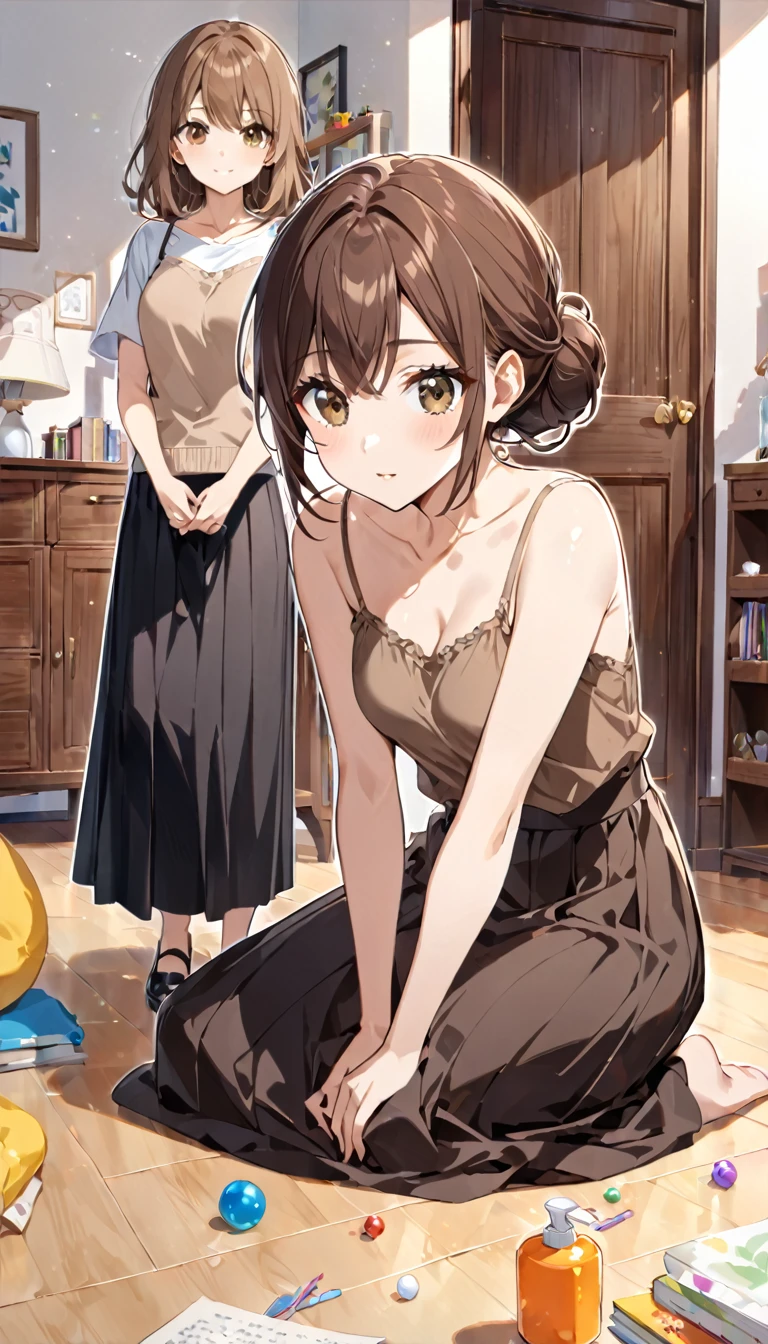 (appearance:Brown Hair＿Shoulder-length hair＿Low bun hair、Hair with movement＿Light brown eyes＿Thin outline＿Brown camisole dress＿Black long skirt＿Normal chest＿A kind-looking woman)she、Sitting on the floor with his back to the camera、（background：Inside the house＿room）、One Woman、There is a lot of white space