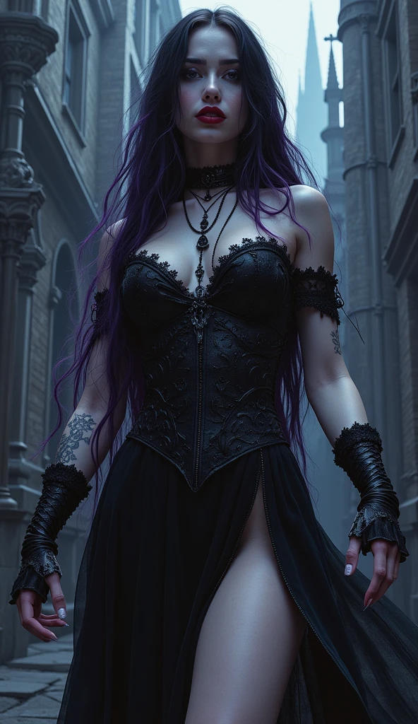 Gothic style photorealistic. 1girl, ((tattoo)), long hair, solo, navel, detailed eyes, jewelry, bracelet, choker, small breasts, looking at viewer, realistic, necklace, ((purple skirt)), bare shoulders, thigh highs, Dark, mysterious, haunting, dramatic, ornate, detailed