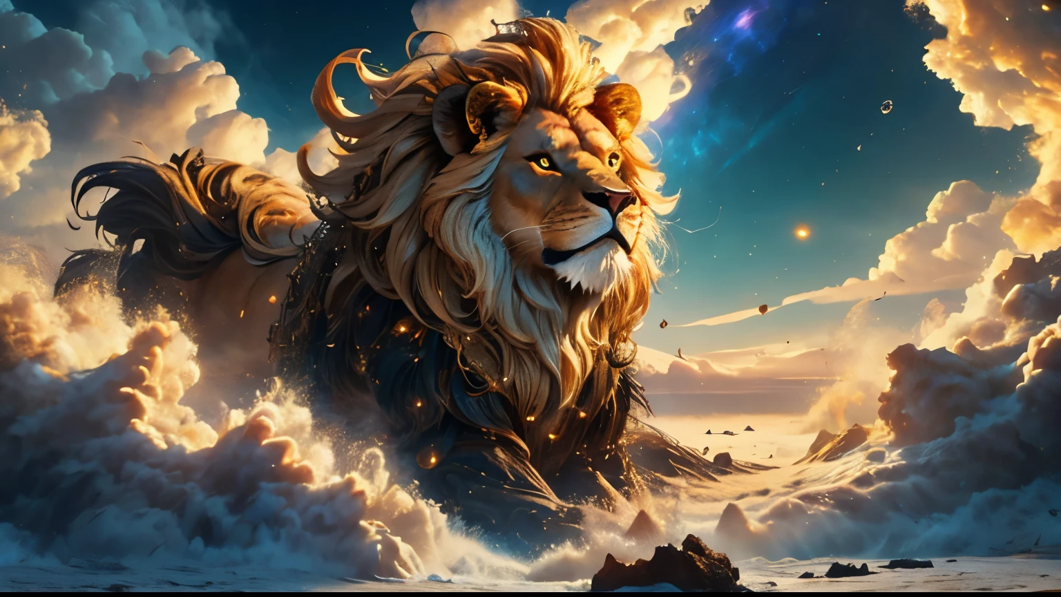 a beast lion made of stardust flutuate in clouds storm