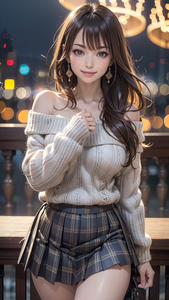 One beautiful girl, Very beautiful detailed face, Laugh shyly, Big Breasts,Deep valley), (Off-the-shoulder sweater, Oversized sweater:1.3), (Skirt flip), (Roll up the skirt yourself), (Flip up the skirt), (Gray Tartan Check Pleated Skirt Lift Yourself), (Lace panties, Showing panties), (Wind power increase), Skirt fluttering in the wind, Lift up your skirt, Semi-long hair, (Beautiful Face:1.2), high quality, Realistic, Very detailed CG synthesis 8k wallpaper, Very detailed, High-resolution RAW color photos, Professional photography, Realistic portrait, Cinematic Light, Beautiful details, Super detailed, Attention to detail, (((bokeh))), Depth of written boundary, Hotel room,Super stylish lighting, 