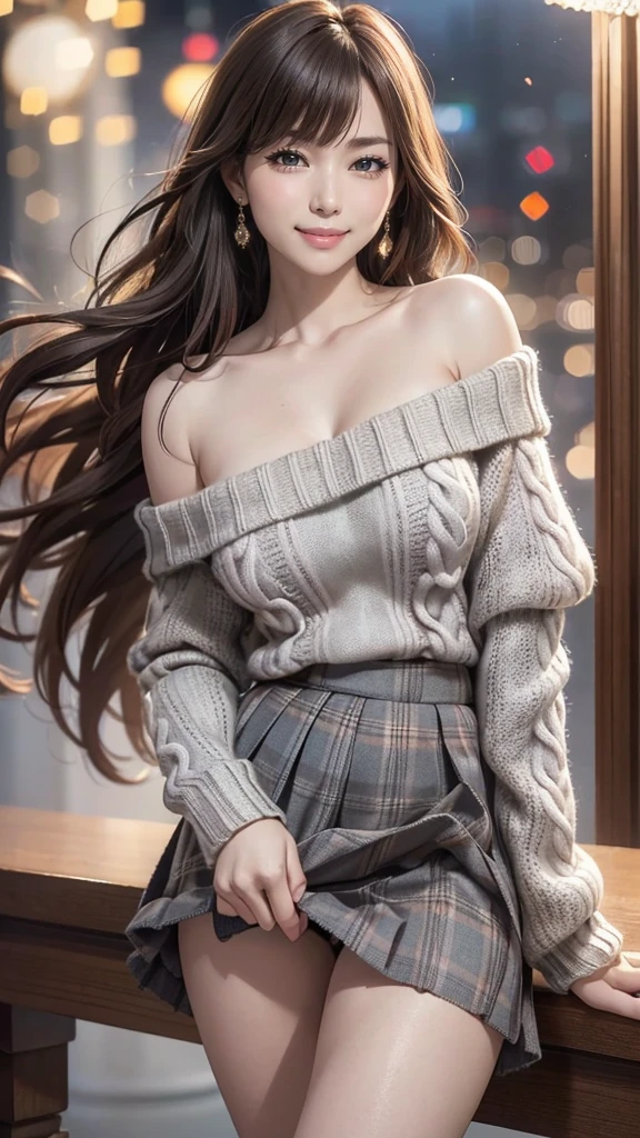 One beautiful girl, Very beautiful detailed face, Laugh shyly, Big Breasts,Deep valley), (Off-the-shoulder sweater, Oversized sweater:1.3), (Skirt flip), (Roll up the skirt yourself), (Flip up the skirt), (Gray Tartan Check Pleated Skirt Lift Yourself), (Lace panties, Showing panties), (Wind power increase), Skirt fluttering in the wind, Lift up your skirt, Semi-long hair, (Beautiful Face:1.2), high quality, Realistic, Very detailed CG synthesis 8k wallpaper, Very detailed, High-resolution RAW color photos, Professional photography, Realistic portrait, Cinematic Light, Beautiful details, Super detailed, Attention to detail, (((bokeh))), Depth of written boundary, Hotel room,Super stylish lighting, 